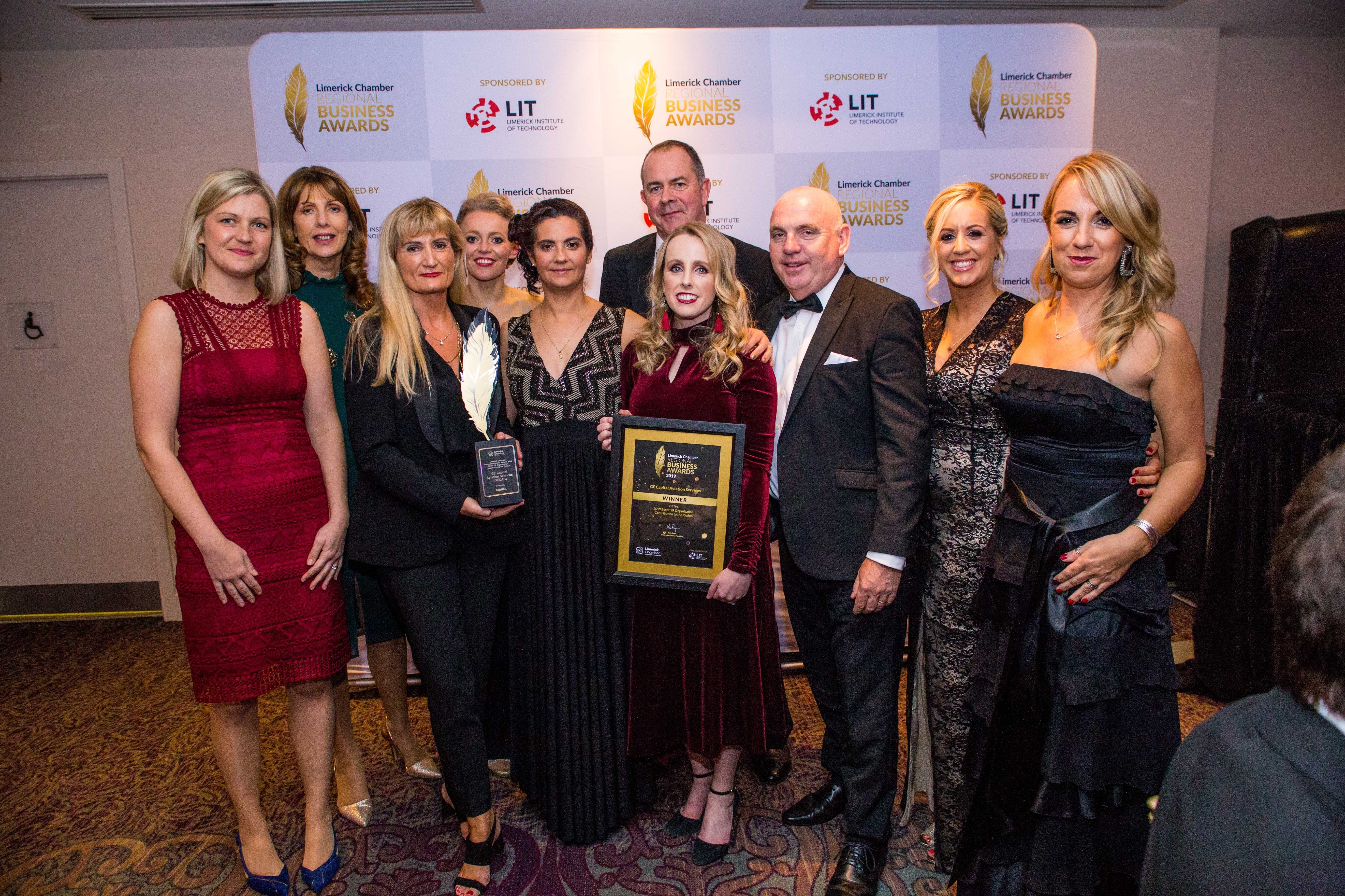 Gecas team pictured with their award for Best CSR Organisation: Contribution to the Region at the Limerick Chamber President's Dinner. Photo: Cian Reinhardt