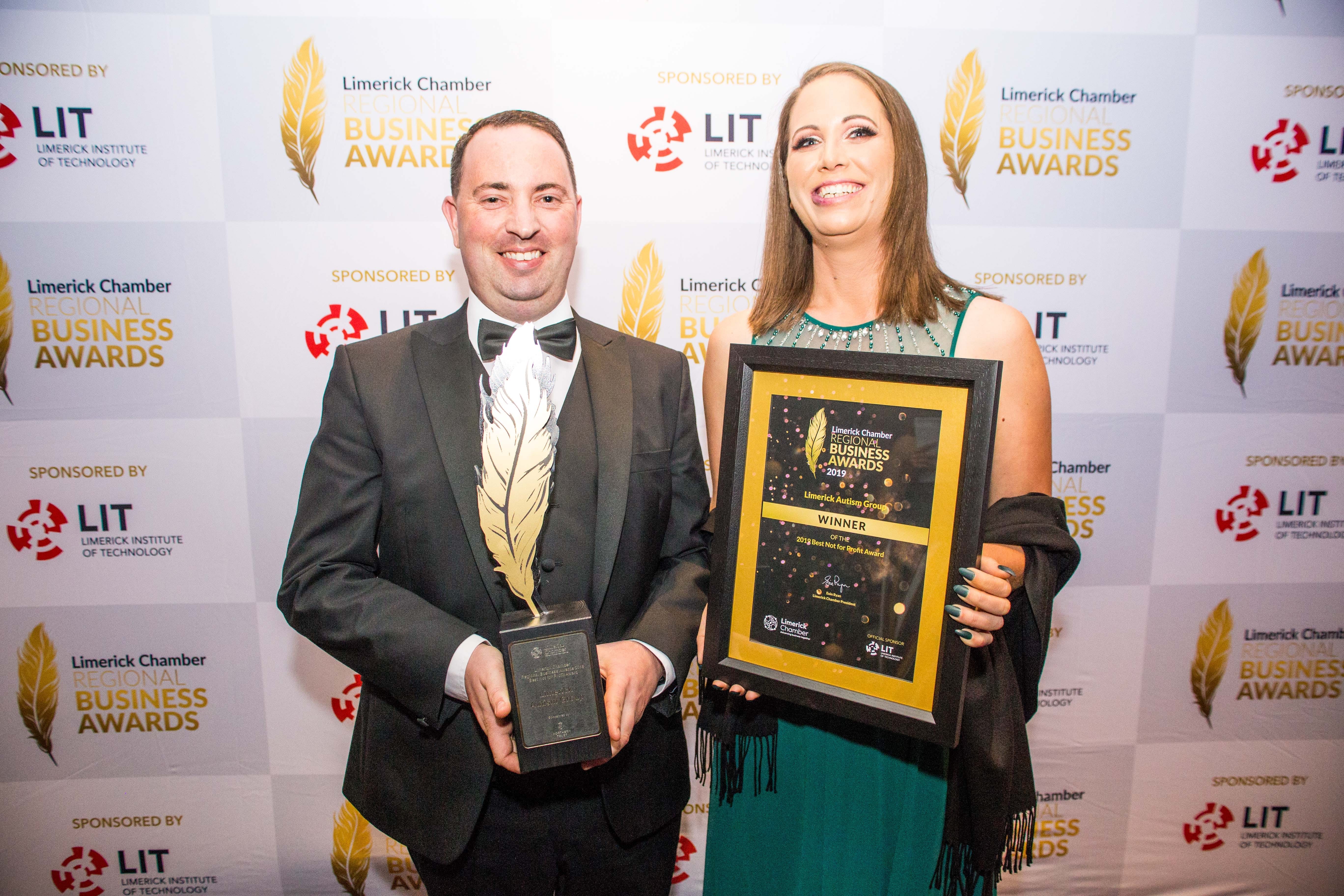 Keith and Candice Enright of Limerick Autism Group pictured with their award for Best Not-For-Profit at the Limerick Chamber President's Dinner. Photo: Cian Reinhardt