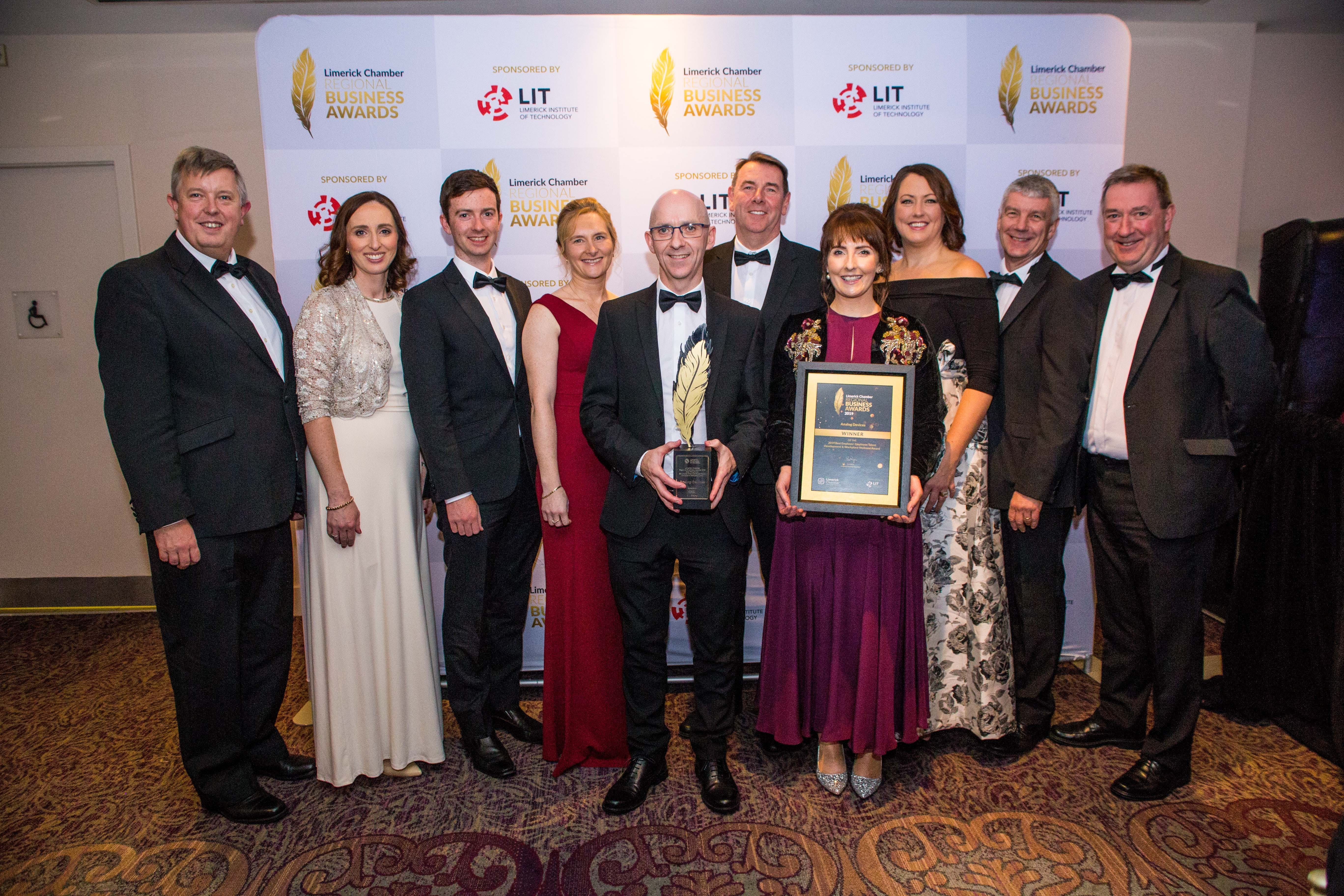The Analog Devices team pictured with their award for Best Employer: Employee Talent Development and Workplace Wellness at the Limerick Chamber President's Dinner. Photo: Cian Reinhardt