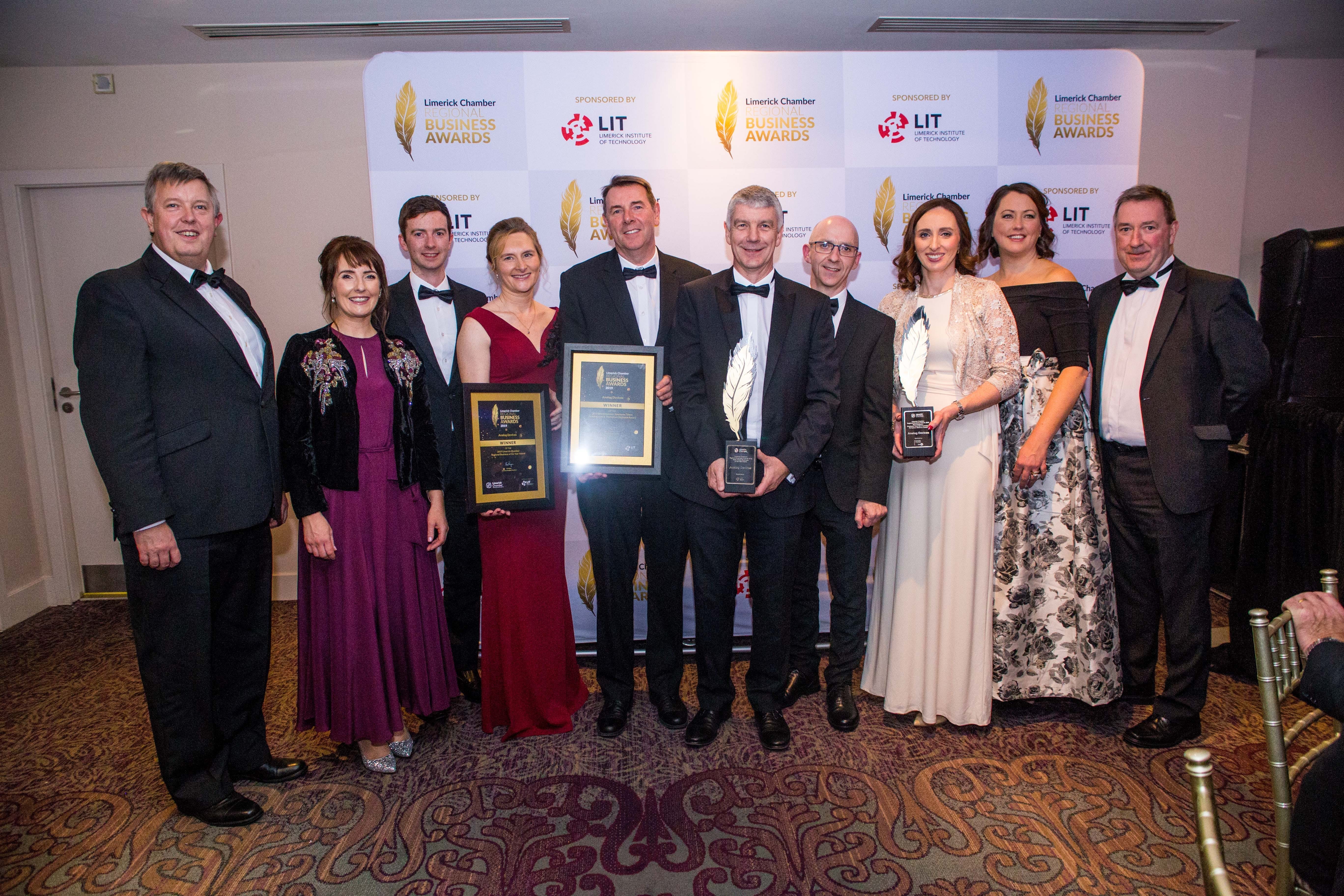 The Analog Devices team pictured with their Limerick Chamber Regional Business of the Year Award for 2019 at the Limerick Chamber President's Dinner. Photo: Cian Reinhardt