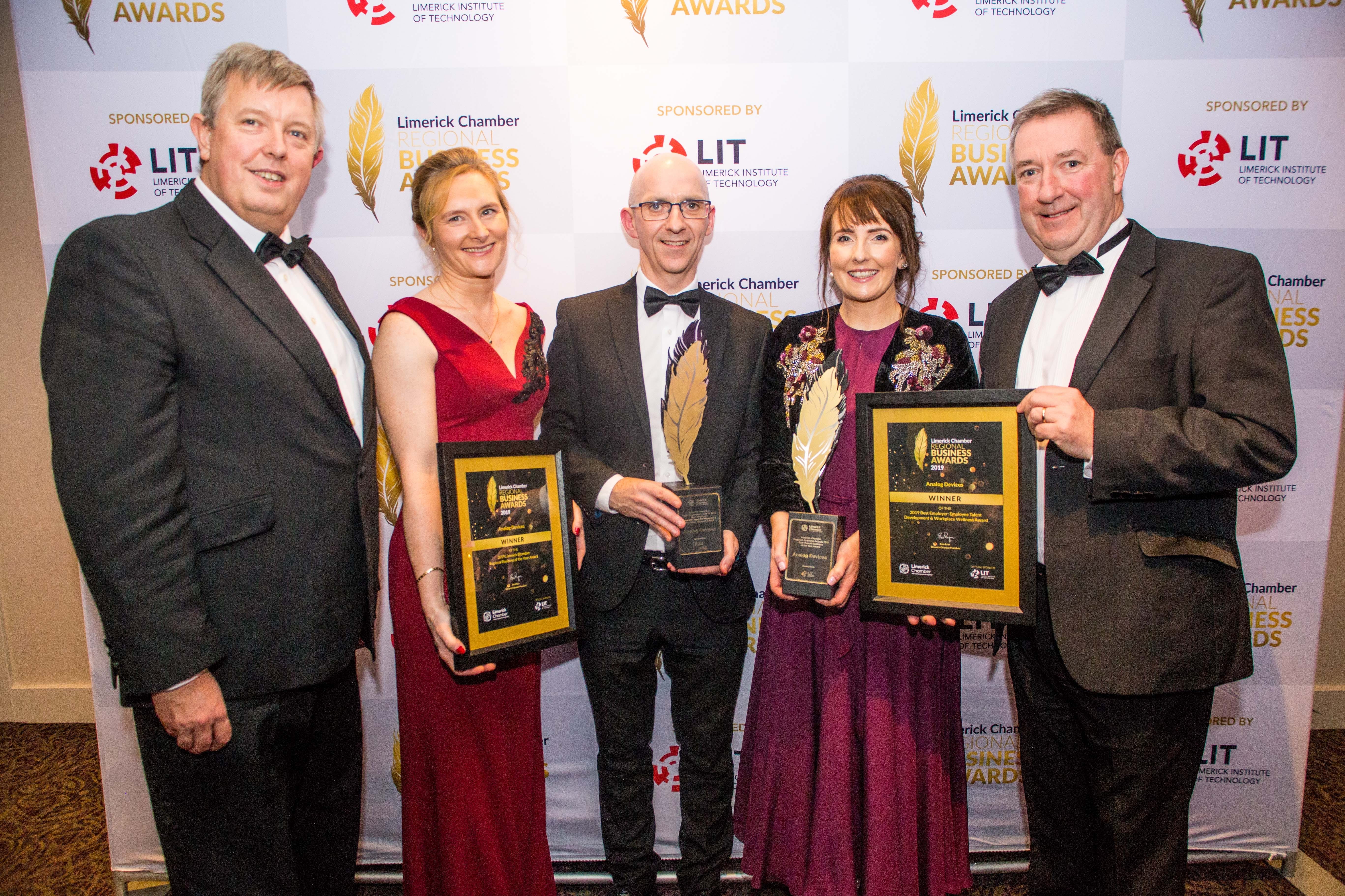 Leo McHugh, Fiona Treacy, Mike Morissey, Fiona Keogh, and Denis Doyle of Analog Dives pictured with their awards for  "Best Employer" and "Limerick Chamber Regional Business of the Year" at the Limerick Chamber President's Dinner. Photo: Cian Reinhardt