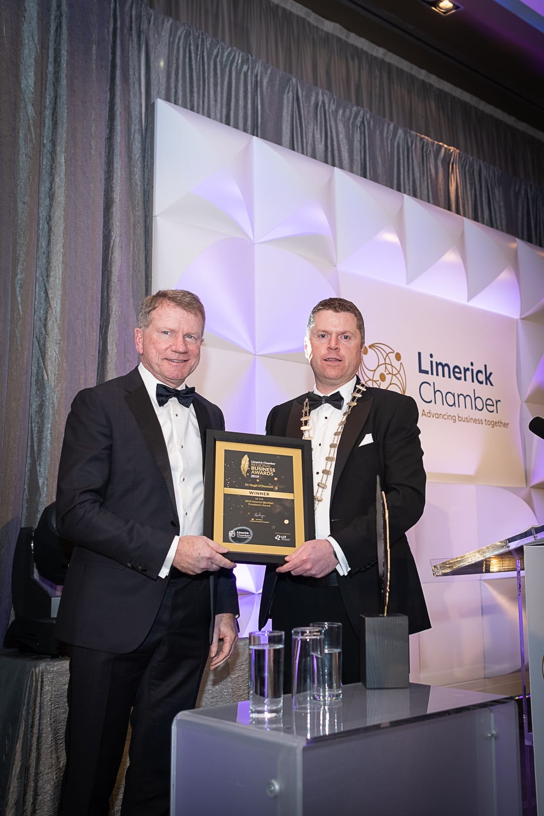 No repro fee-Limerick Chamber President’s Dinner
and Limerick Chamber Regional Business Awards 2019 which was held in the Strand Hotel on Friday 15th November /President Award/  - From Left to Right: Dr Hugh O’Donnell - Winner, Eoin Ryan - President Limerick Chamber, 
Photo credit Shauna Kennedy