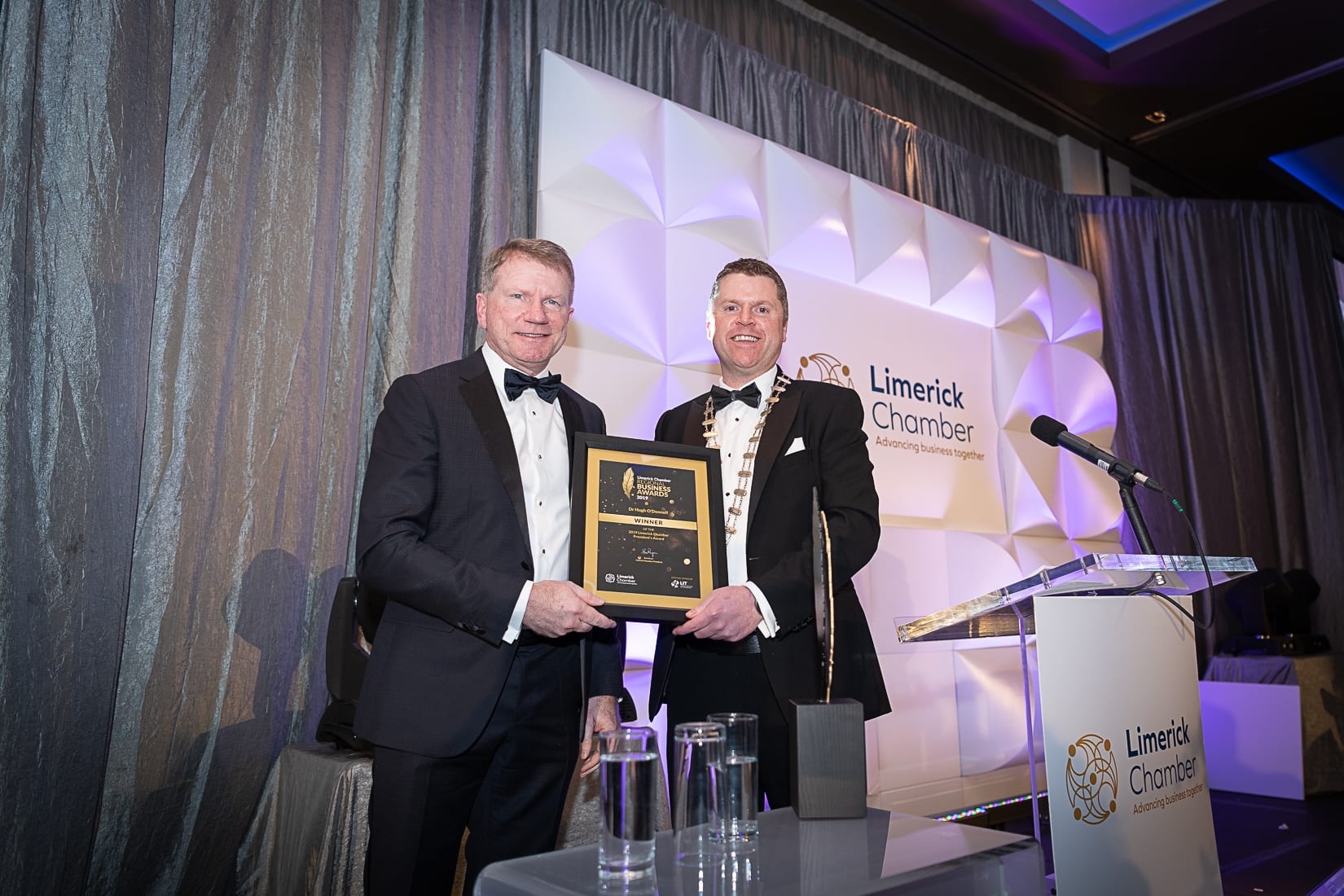 No repro fee-Limerick Chamber President’s Dinner
and Limerick Chamber Regional Business Awards 2019 which was held in the Strand Hotel on Friday 15th November /President Award/  - From Left to Right: Dr Hugh O’Donnell - Winner, Eoin Ryan - President Limerick Chamber, 
Photo credit Shauna Kennedy