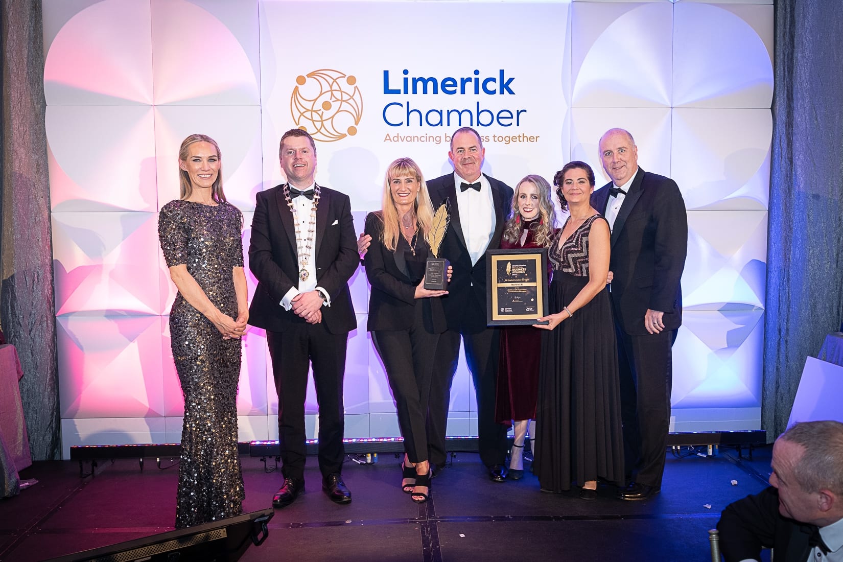 No repro fee-Limerick Chamber President’s Dinner
and Limerick Chamber Regional Business Awards 2019 which was held in the Strand Hotel on Friday 15th November /Best CRS/  - From Left to Right:  Dee Ryan - CEO Limerick Chamber, Eoin Ryan - President Limerick Chamber, Brenda Hickey - Winner / GE Capital Aviation Services, John Ludden - Winner / GE Capital Aviation Services, Selene Alford- Winner / GE Capital Aviation Services, Valerie Keating- Winner / GE Capital Aviation Services, Cathal Treacy - Deloitte / Sponsor.  
Photo credit Shauna Kennedy