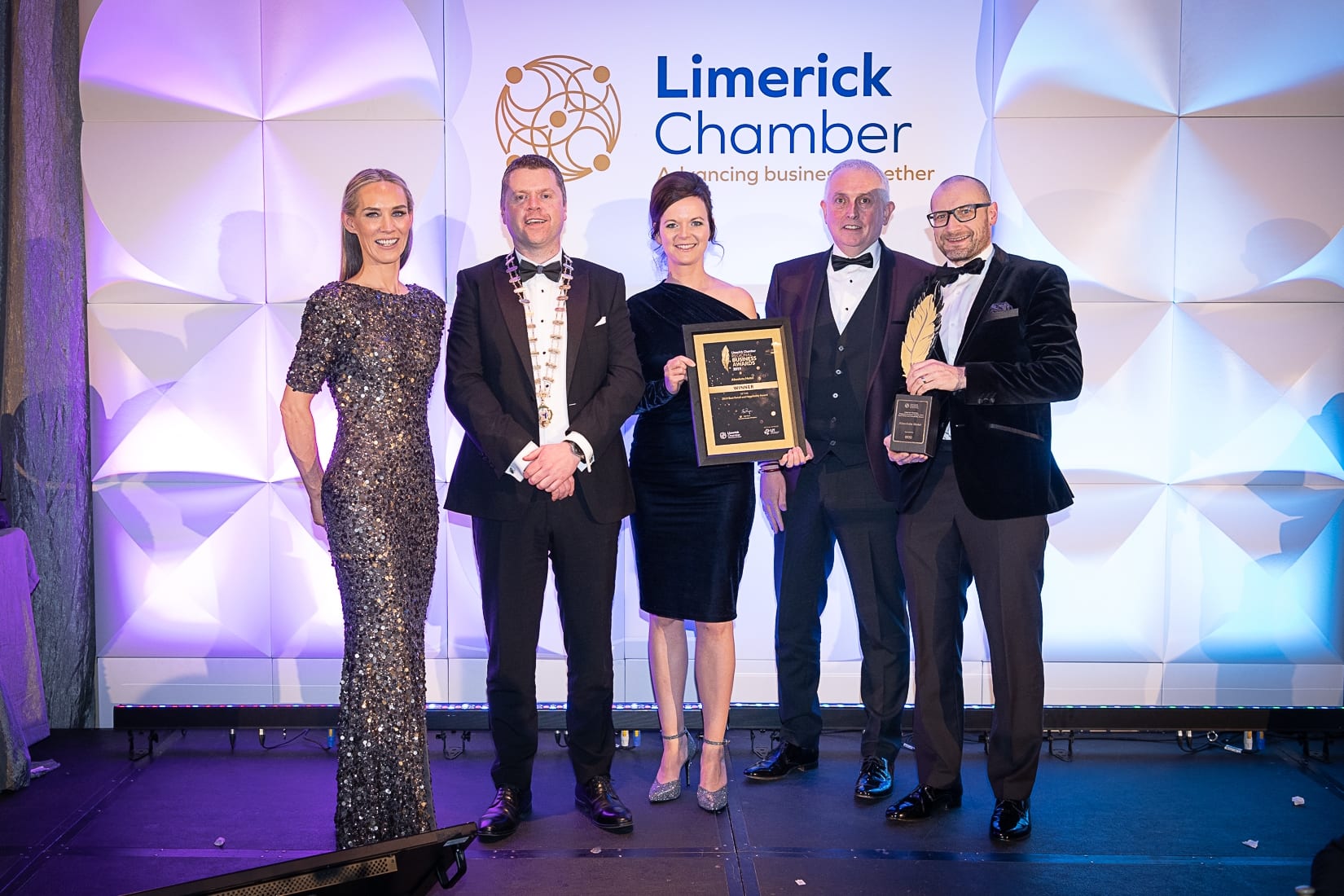 No repro fee-Limerick Chamber President’s Dinner
and Limerick Chamber Regional Business Awards 2019 which was held in the Strand Hotel on Friday 15th November /Best Retail and Hospitality /  - From Left to Right:  Dee Ryan - CEO Limerick Chamber, Eoin Ryan - President Limerick Chamber, Melanie Lennon - Winner / Absolute Hotel, Liam Hession - BDO / Sponsor, Donnacha Hurley - Winner / Absolute Hotel. 
Photo credit Shauna Kennedy
