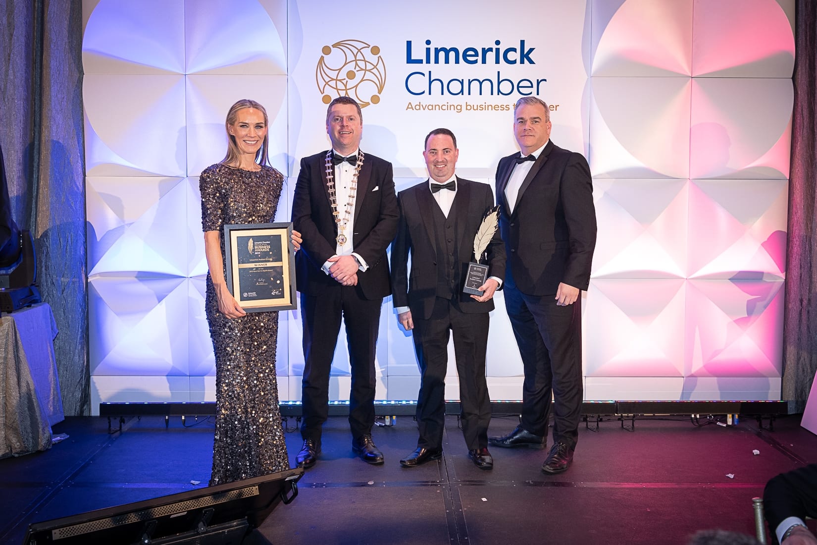 No repro fee-Limerick Chamber President’s Dinner
and Limerick Chamber Regional Business Awards 2019 which was held in the Strand Hotel on Friday 15th November /Best Not for Profit/  - From Left to Right: Dee Ryan - CEO Limerick Chamber, Eoin Ryan - President Limerick Chamber, Keith Enright - Limerick Autism Group, Noel Gavin - Northern Trust / Sponsor. 
Photo credit Shauna Kennedy