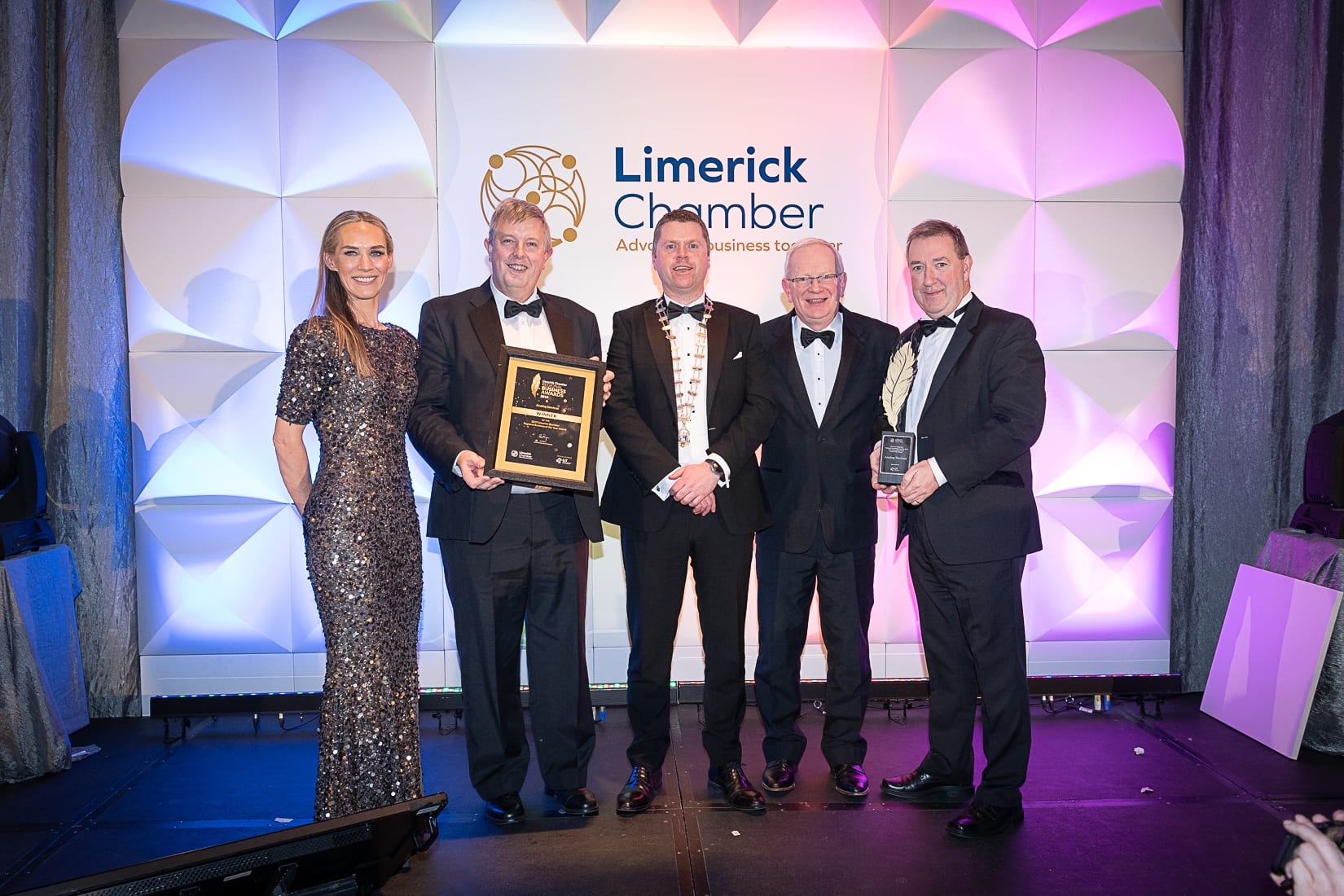 No repro fee-Limerick Chamber President’s Dinner
and Limerick Chamber Regional Business Awards 2019 which was held in the Strand Hotel on Friday 15th November /Best Overall/  - From Left to Right: Dee Ryan - CEO Limerick Chamber, Liam McHugh  - Overall Winner / Analog Devices, Eoin Ryan - President Limerick Chamber, Professor Vincent Cunnane- President LIT / Sponsor,  Denis Doyle - Overall Winner / Analog Devices, 
Photo credit Shauna Kennedy