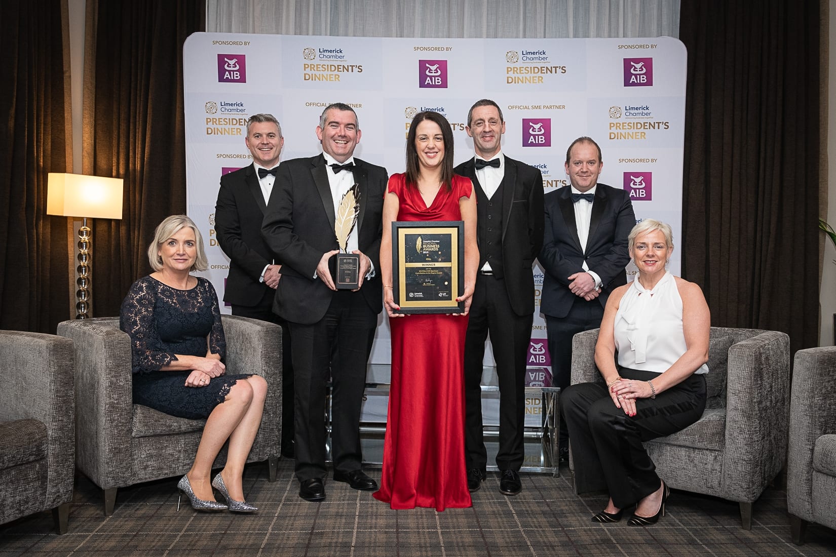 No repro fee-Limerick Chamber President’s Dinner
and Limerick Chamber Regional Business Awards 2019 which was held in the Strand Hotel on Friday 15th November /Best SME /  - From Left to Right: Judy Tighe - AIB / Sponsor,  Mark Doyle - AIB / Sponsor, Mark and Helen O’Connor - WINNER / 4Site, Kieran Considine - AIB / Sponsor, Conor O’Sullivan  - AIB / Sponsor, Hilary Gormily  - AIB / Sponsor. 
Photo credit Shauna Kennedy