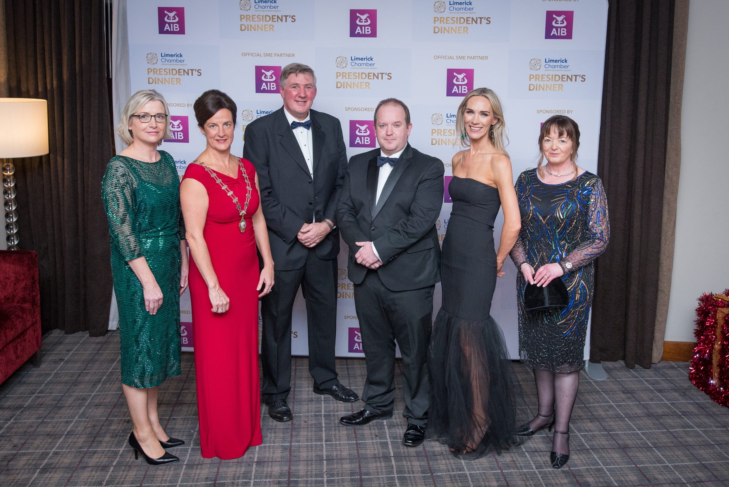 No repro fee- limerick chamber president's dinner- 16-11-2018, From Left to Right: Judy Tighe -  -AIB/Sponsors, Dr Mary Shire - President Limerick Chamber, Dermot Graham - AIB/ Sponsor, Conor O'Sullivan - AIB/ Sponsor, Deirdre Ryan - CEO Limerick Chamber, Joan O'Dell- AIB/ Sponsor
Photo credit Shauna Kennedy