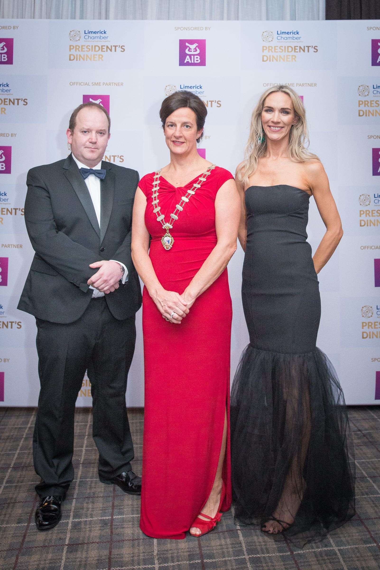 No repro fee- limerick chamber president's dinner- 16-11-2018, From Left to Right: Conor O'Sullivan - AIB/ Sponsor, Dr Mary Shire - President Limerick Chamber, Deirdre Ryan - CEO Limerick Chamber, Photo credit Shauna Kennedy