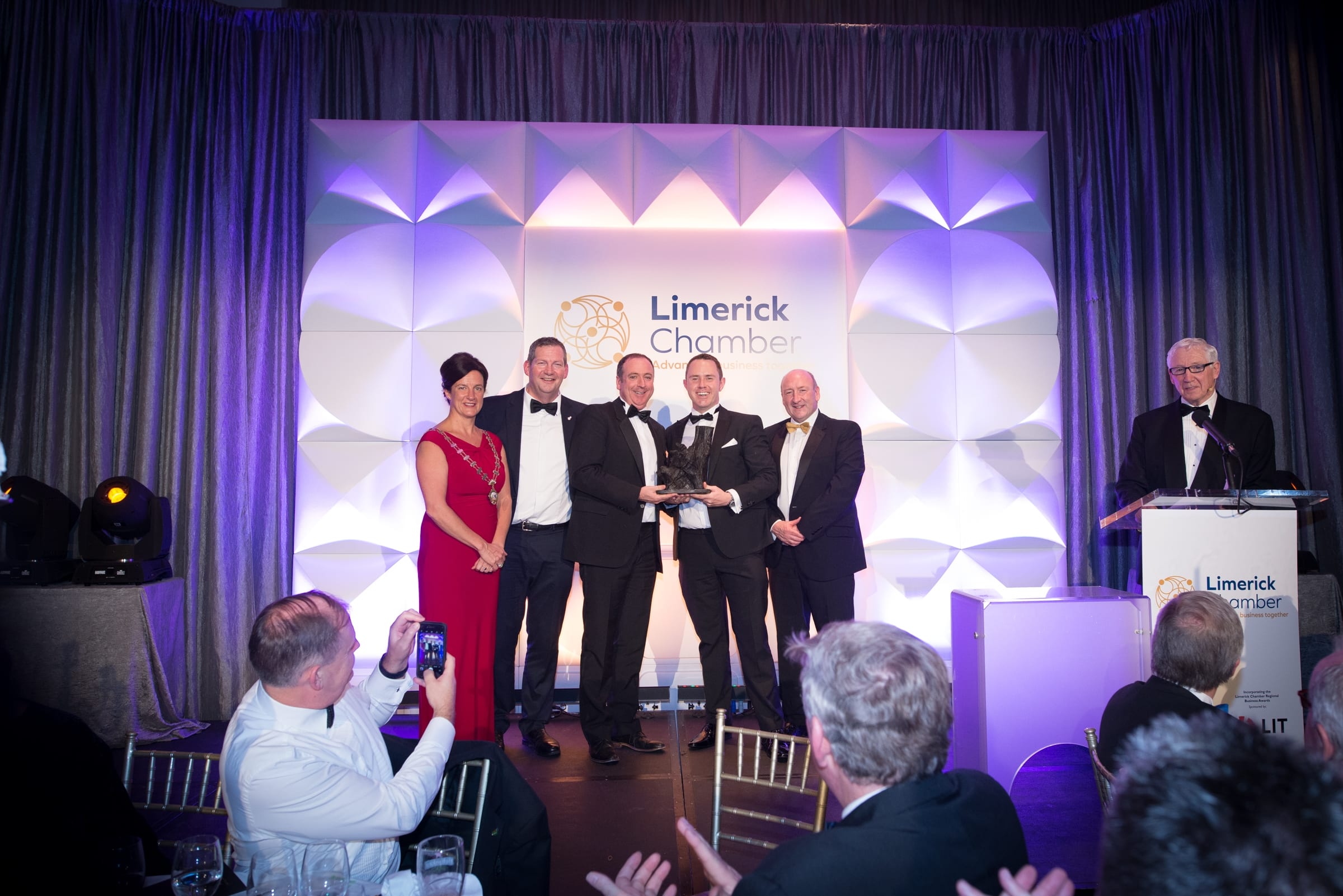 No repro fee- limerick chamber president's dinner- 16-11-2018, From Left to Right: 2018 Best Emerging Business award - Joint Award Sponsors- LIT and Limerick City and County Council Sponsor: Dr Mary Shire - President Limerick Chamber, Dr Liam Browne - Vice President LIT,  Duncan O Toole - Electricity Exchange, Paddy Finn - Electricity Exchange, Dr. Pat Daly - Limerick City and County Council. Photo credit Shauna Kennedy