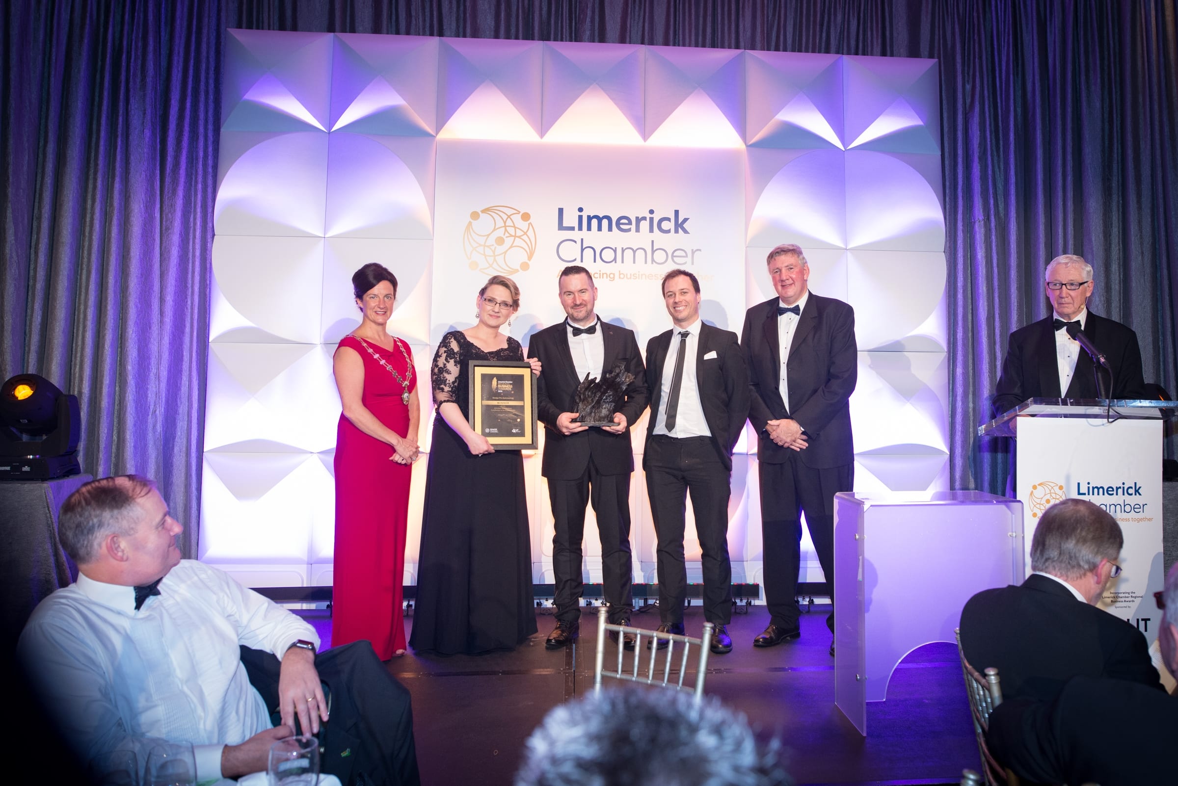 No repro fee- limerick chamber president's dinner- 16-11-2018, 2018 Best SME Business Award - Award Sponsored by AIB:  From Left to Right:  Dr Mary Shire - President Limerick Chamber, Madeline Collins - Design Pro Automation, Redmond McDonnell - Design Pro Automation, Paul Collins - Design Pro Automation,  Dermot Graham - AIB / Sponsor Photo credit Shauna Kennedy