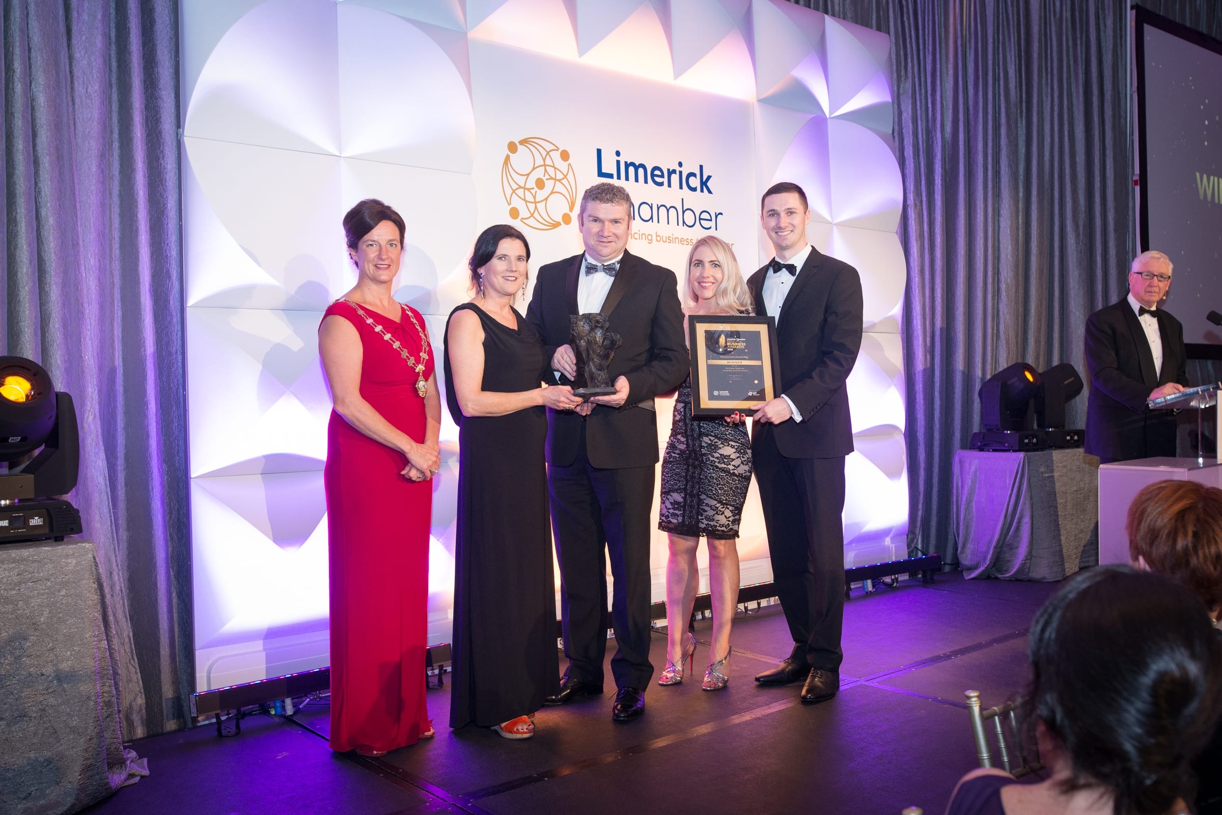 No repro fee- limerick chamber president's dinner- 16-11-2018, From Left to Right: 
2018 Best Retail and Hospitality Business Award. Award sponsored by Limerick Chamber Skillnet:  Dr. Mary Shire - President Limerick Chamber, Anne Morris - Limerick Chamber Skillnet /Sponsor, Pat O’Sullivan -Masterchef’s Hospitality,  Leonora O’Sullivan - Masterchef’s Hospitality, Keith O’Sullivan - Masterchef’s Hospitality, .