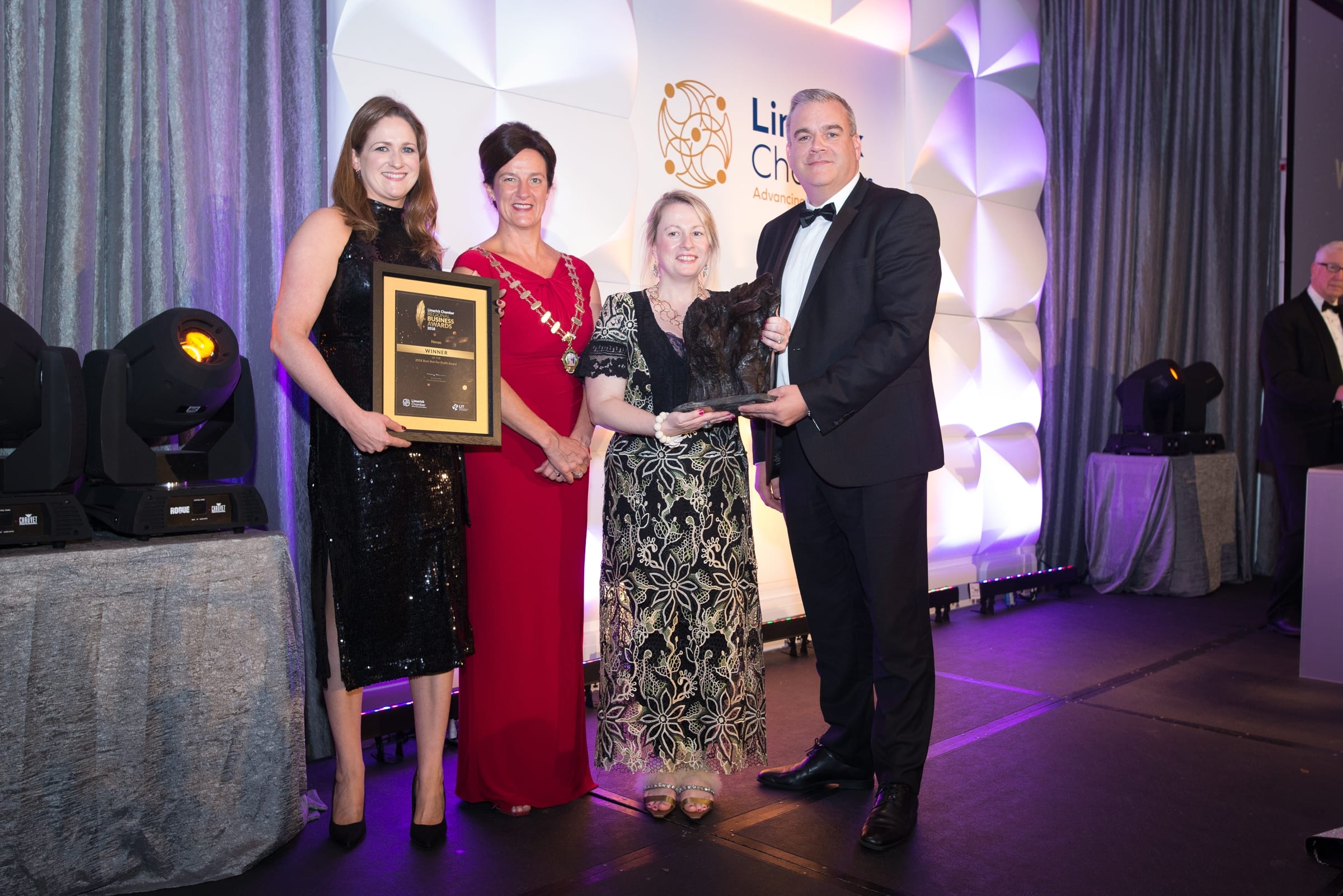 No repro fee- limerick chamber president's dinner- 16-11-2018, From Left to Right: 
2018 Best Not For Profit Award. Award sponsored by Northern Trust: Eileen Whelan- Novas, Dr. Mary Shire - President Limerick Chamber, Anne Cronin - Novas, Noel Gavin - Northern Trust / Award Sponsor