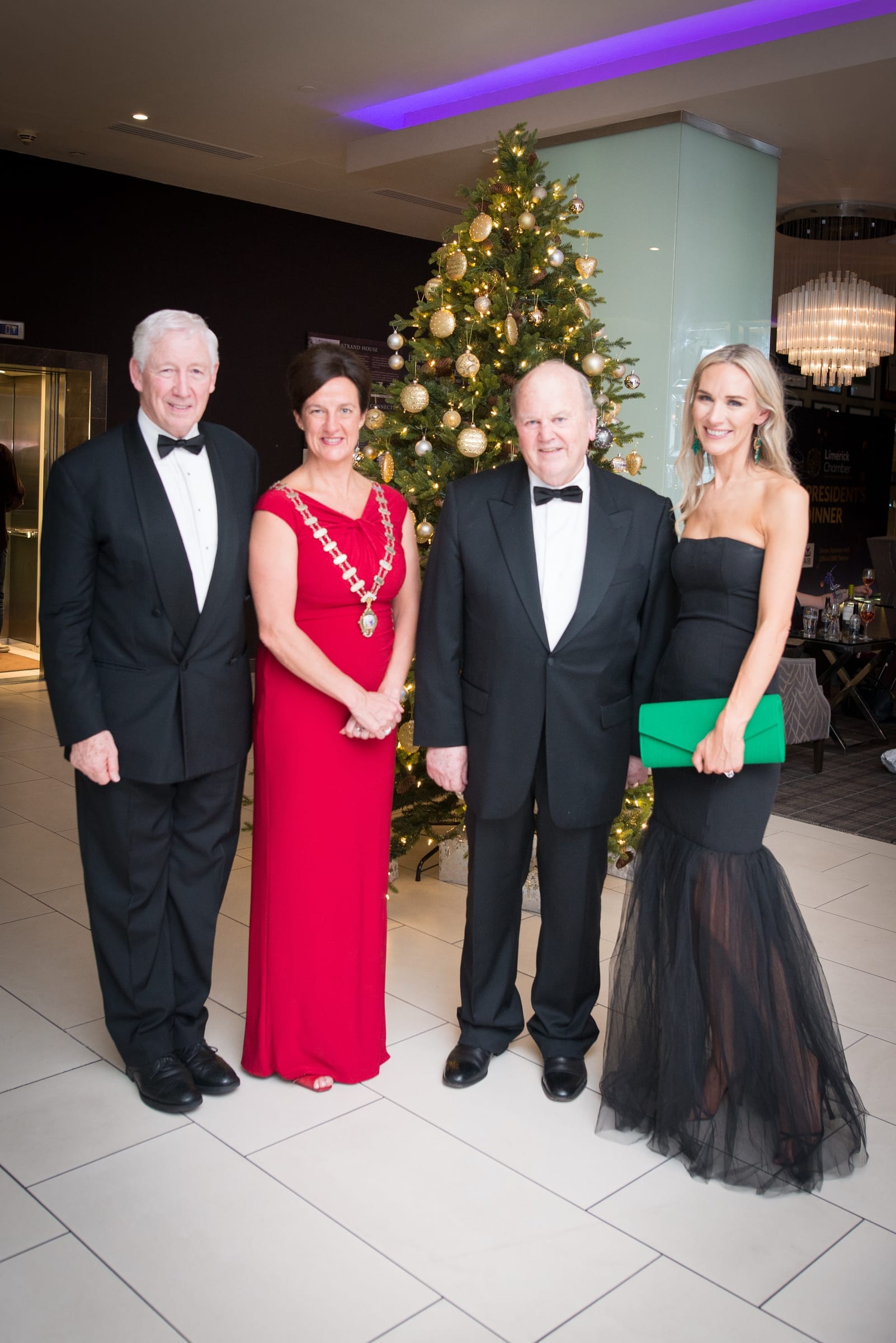 No repro fee- limerick chamber president's dinner- 16-11-2018, From Left to Right: 
MC Kingsley Aikens, Dr Mary Shire - President Limerick Chamber, Michael Noonan - TD, Deirdre Ryan - CEO Limerick Chamber. 
Photo credit Shauna Kennedy