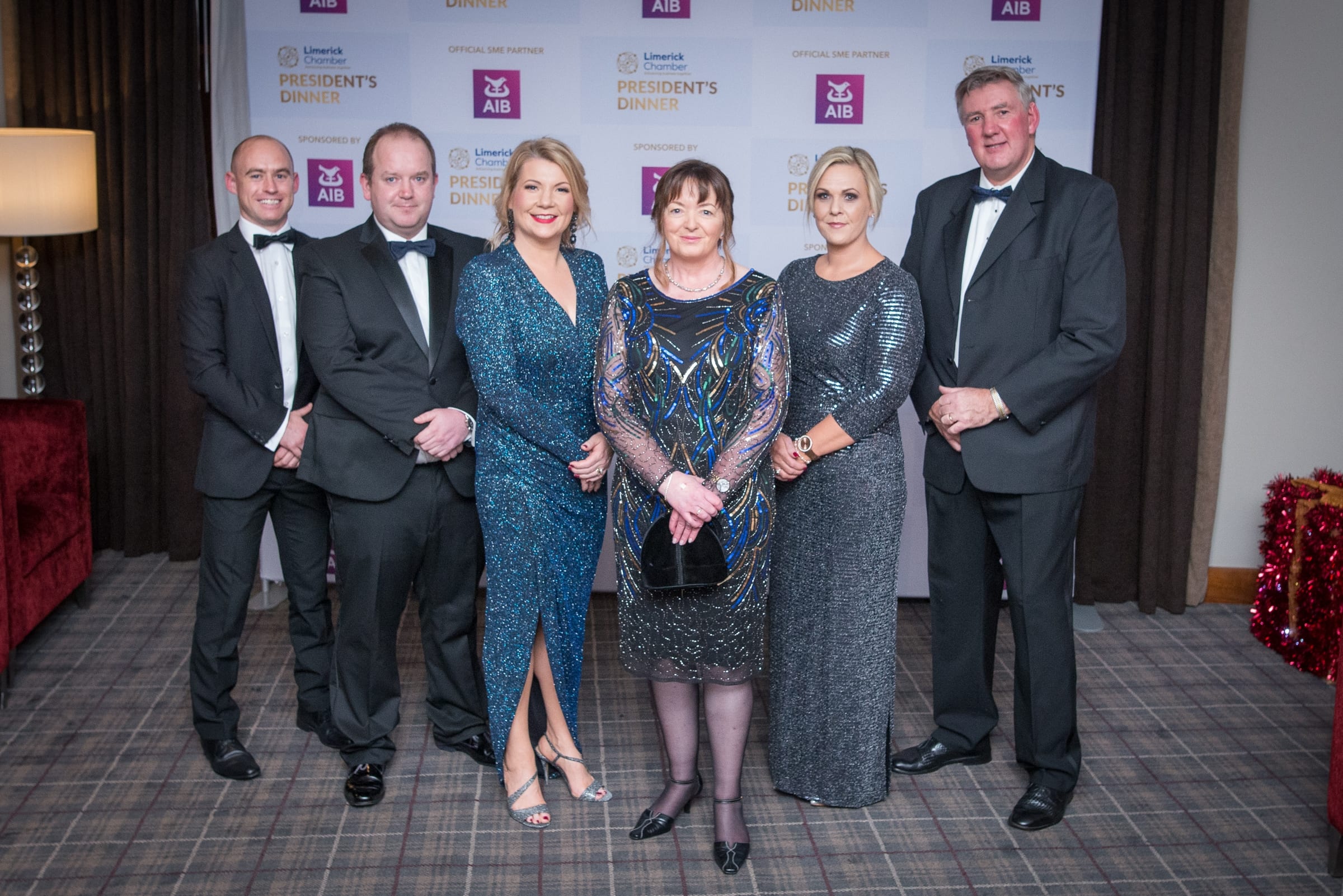 No repro fee- limerick chamber president's dinner- 16-11-2018, From Left to Right: 
Shane McCarthy - AIB / Sponsor,Conor O'Sullivan - AIB / Sponsor,  Joanne McTaggart - First Names, Joan O Dell - AIB / Sponsor, Caroline O Sullivan - First Names, Dermot Graham - AIB/ Sponsor.
Photo credit Shauna Kennedy