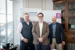 no repro fee: September’s Members Mingle which took place in the Chamber offices.  From Left to Right: Conor Ward - Nifty Business, Michael MacCurtain - Limerick Chamber Skillnet. Jeremy Stover - Agile U.