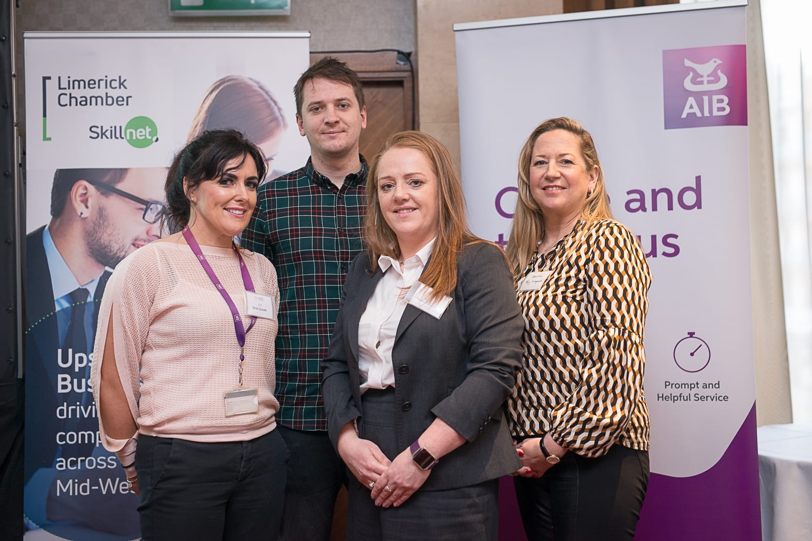 No repro fee- At the Limerick Chamber business briefing on ‘Spending Trends: Tourism, Retail &  Hospitality Industry Insights & Marketing Trends’ at the Savoy Hotel  - 22-01-2019, From Left to Right: Bríd Quaide - AIB, Scott Fitzgerald- Superbites Takeaway, Marie Kennelly - AIB, Mary Fitzgerald- Superbites Takeaway. 
Photo credit Shauna Kennedy