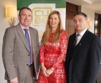 Attending the recent Limerick Chamber Bicentennial Spring Business Lunch in the Castletroy Park Hotel were Brendan Ring, CUBE Printing, Maura McMahon, Limerick Chamber and TJ Ryan guest speaker. Photograph Liam Burke/Press 22