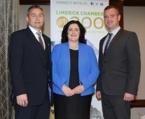 Attending the recent Limerick Chamber Bicentennial Spring Business Lunch in the Castletroy Park Hotel were TJ Ryan, guest speaker, Catherine Duffy, President, Limerick Chamber and Dr James Ring, CEO, Limerick Chamber.Photograph Liam Burke/Press 22
