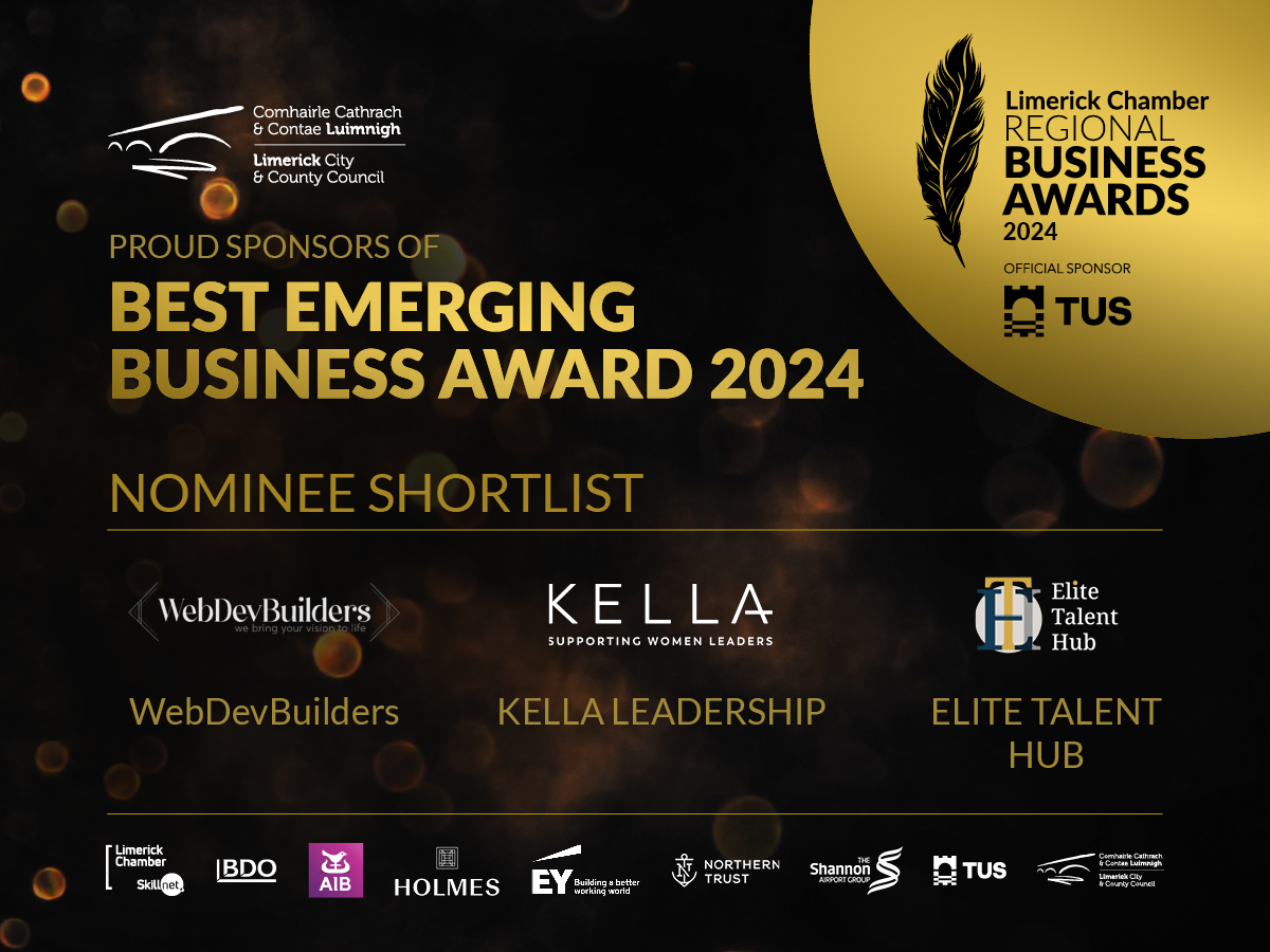 Best Emerging Business 2024 Sponsored by Limerick City and County Council 2024 Limerick Chamber Regional Business Awards and Presidents Dinner 