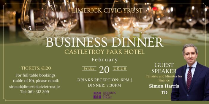 Limerick Civic Trust is holding a Business Dinner aimed at bringing together business and civic leaders in support of Limerick's built heritage.